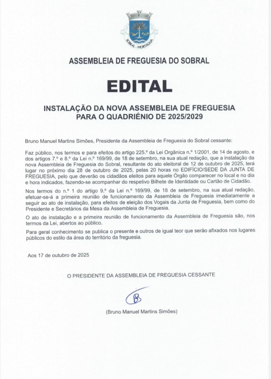Instalação da Nova Assembleia de Freguesia para o Quadriénio 2025/2029